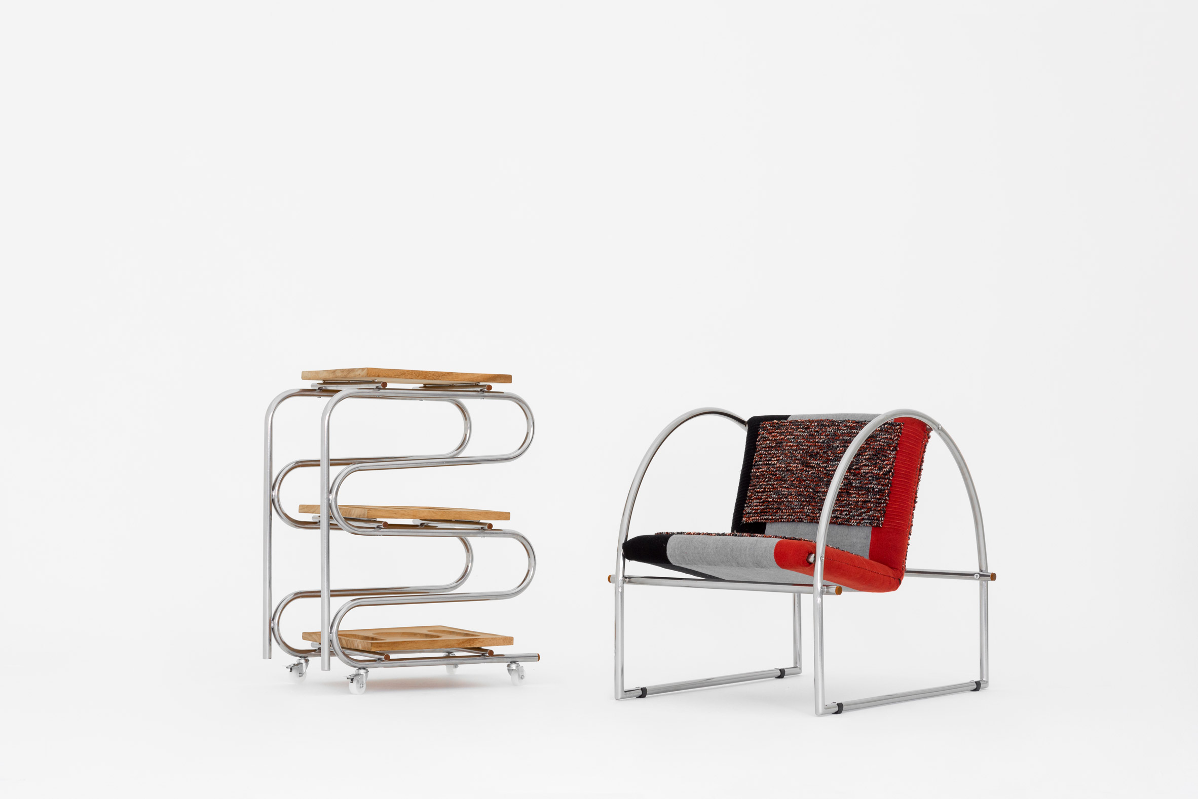 Cinco x Cinco chrome wood and textile furniture designs