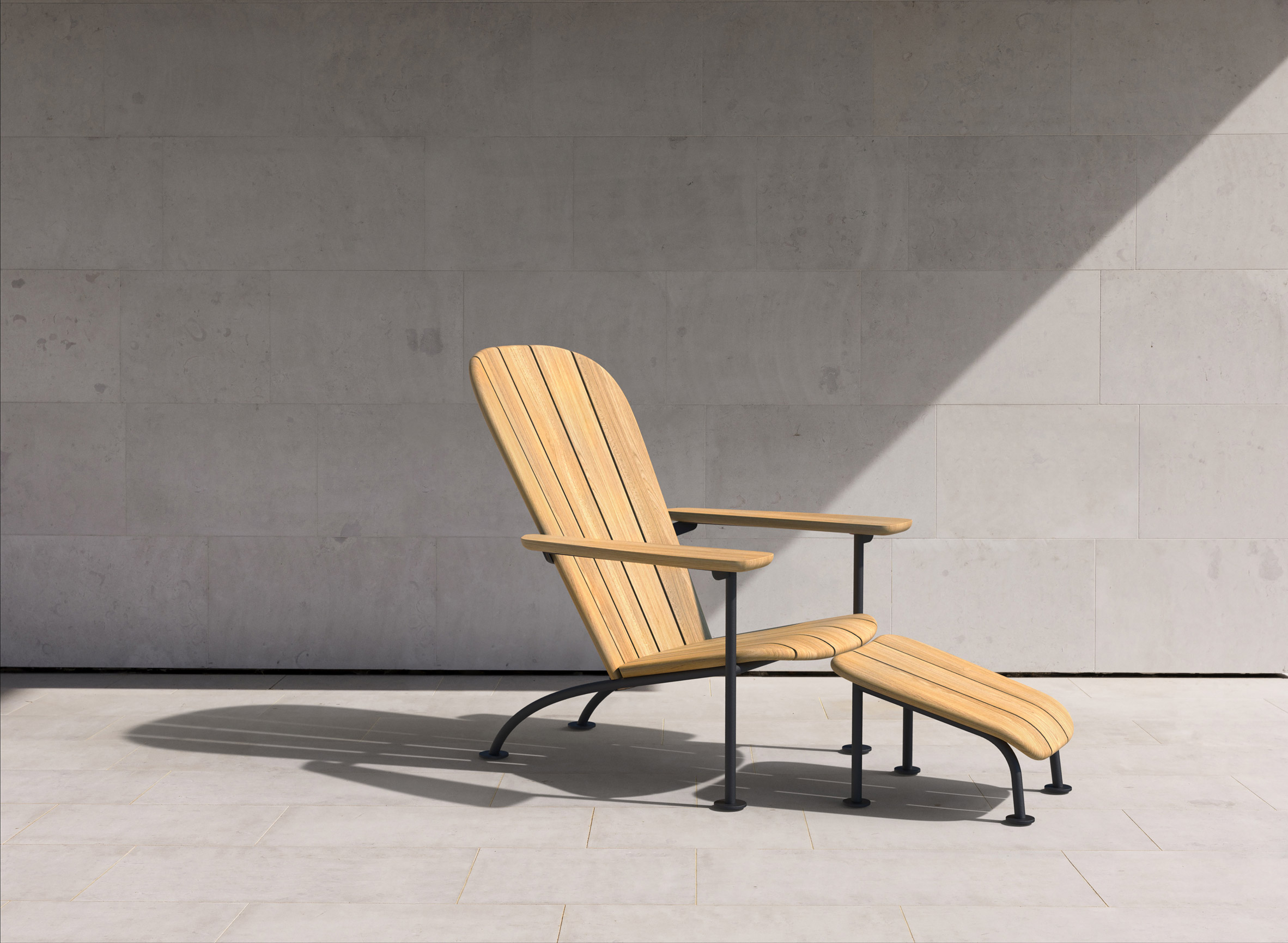 Wooden chair with foot rest in concrete area