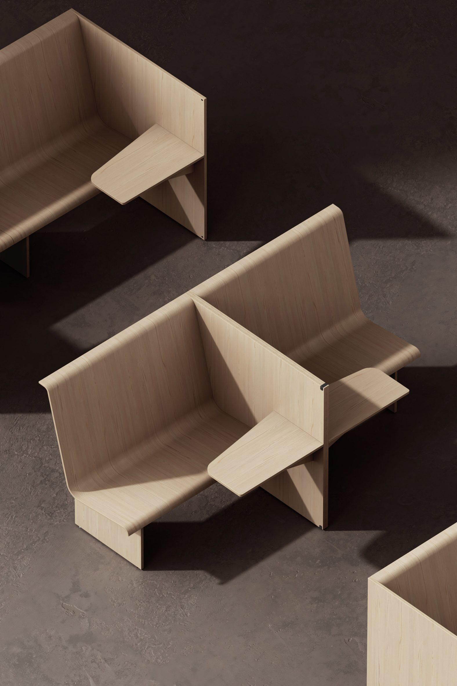 Overhead shot of plywood office cubicle