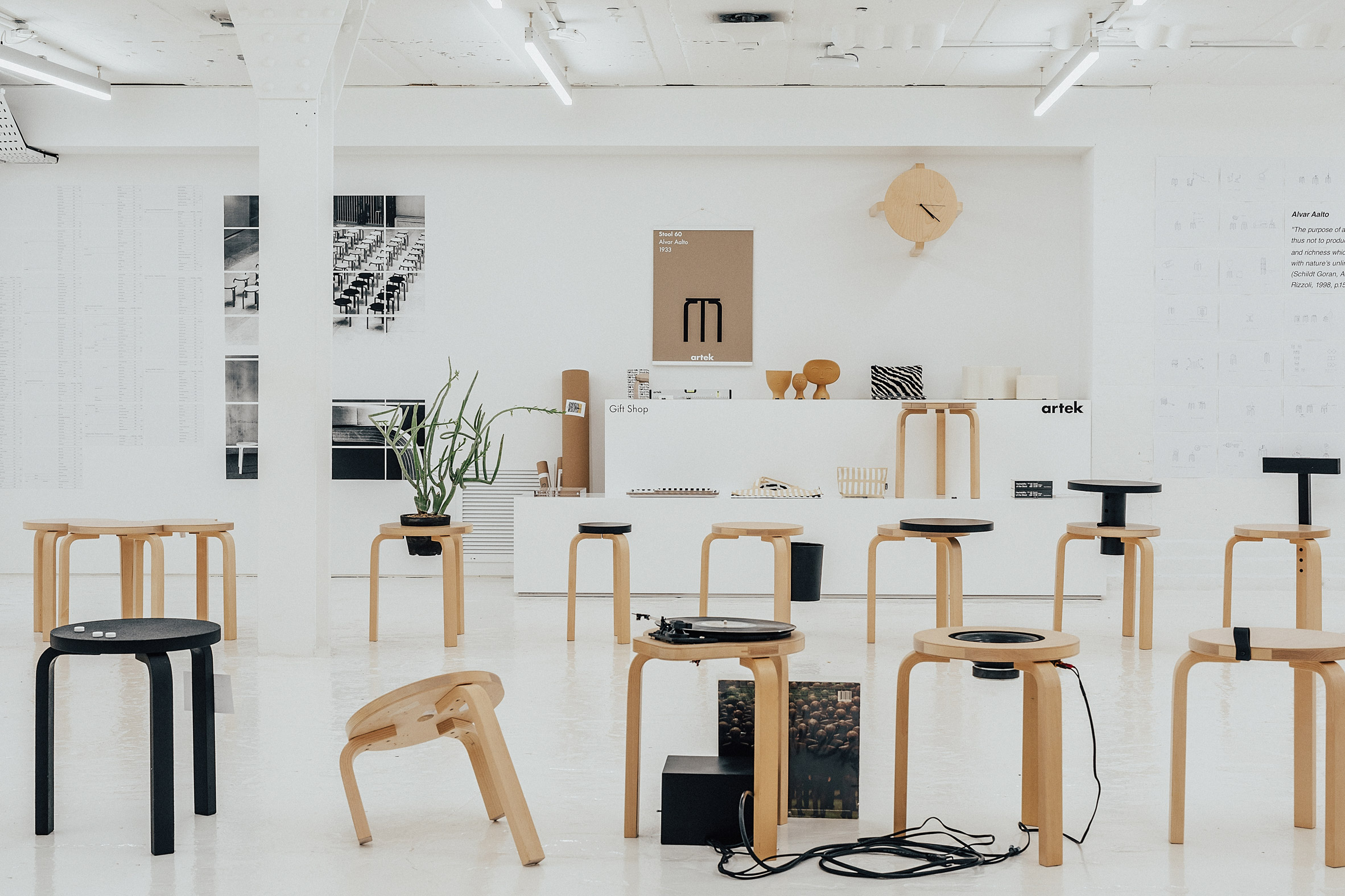 Stools informed by Alvar Aalto's deisgns on display in the basement of the Vitra Tramshed Showroom