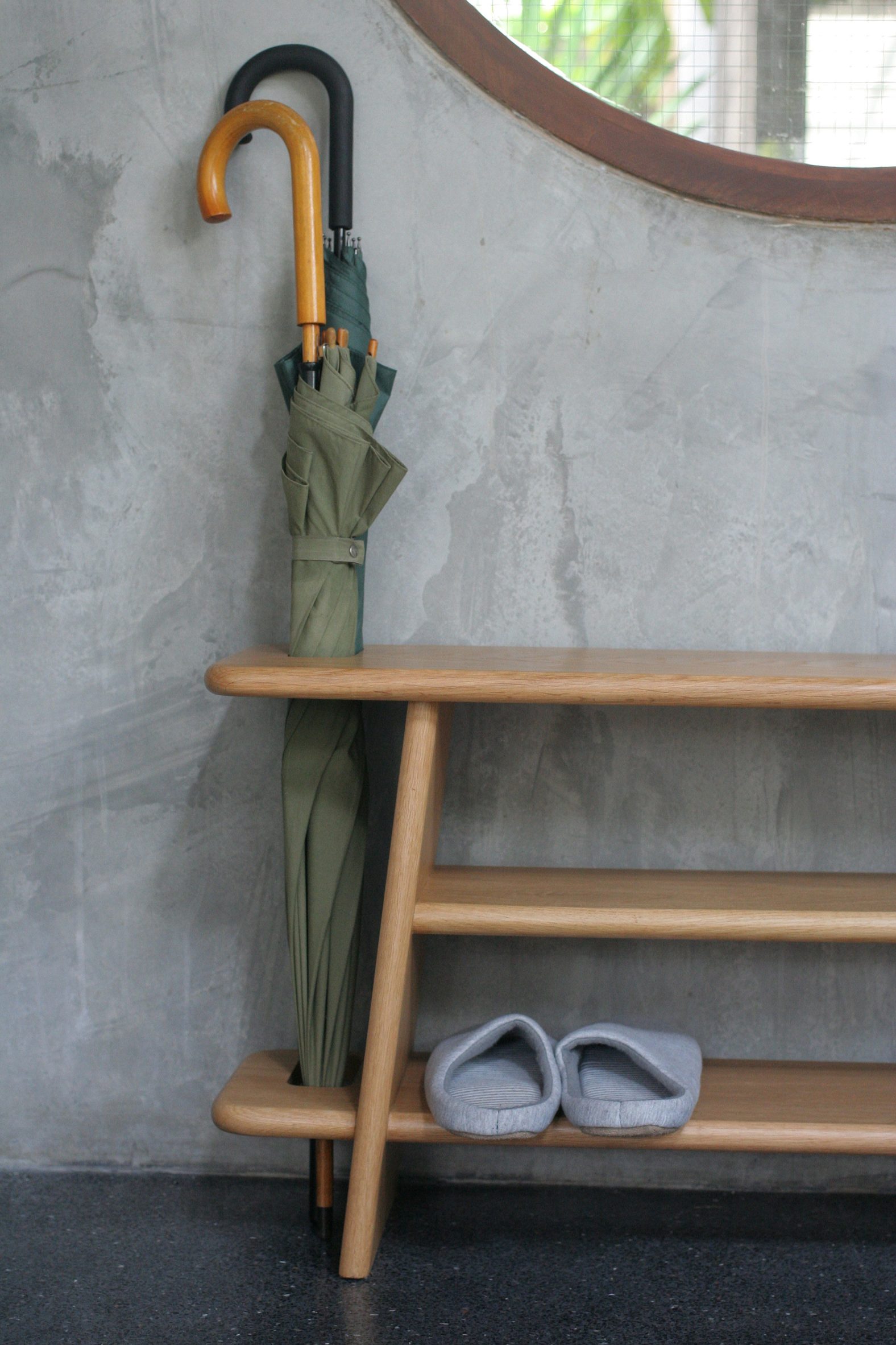 Wooden bench in hallway