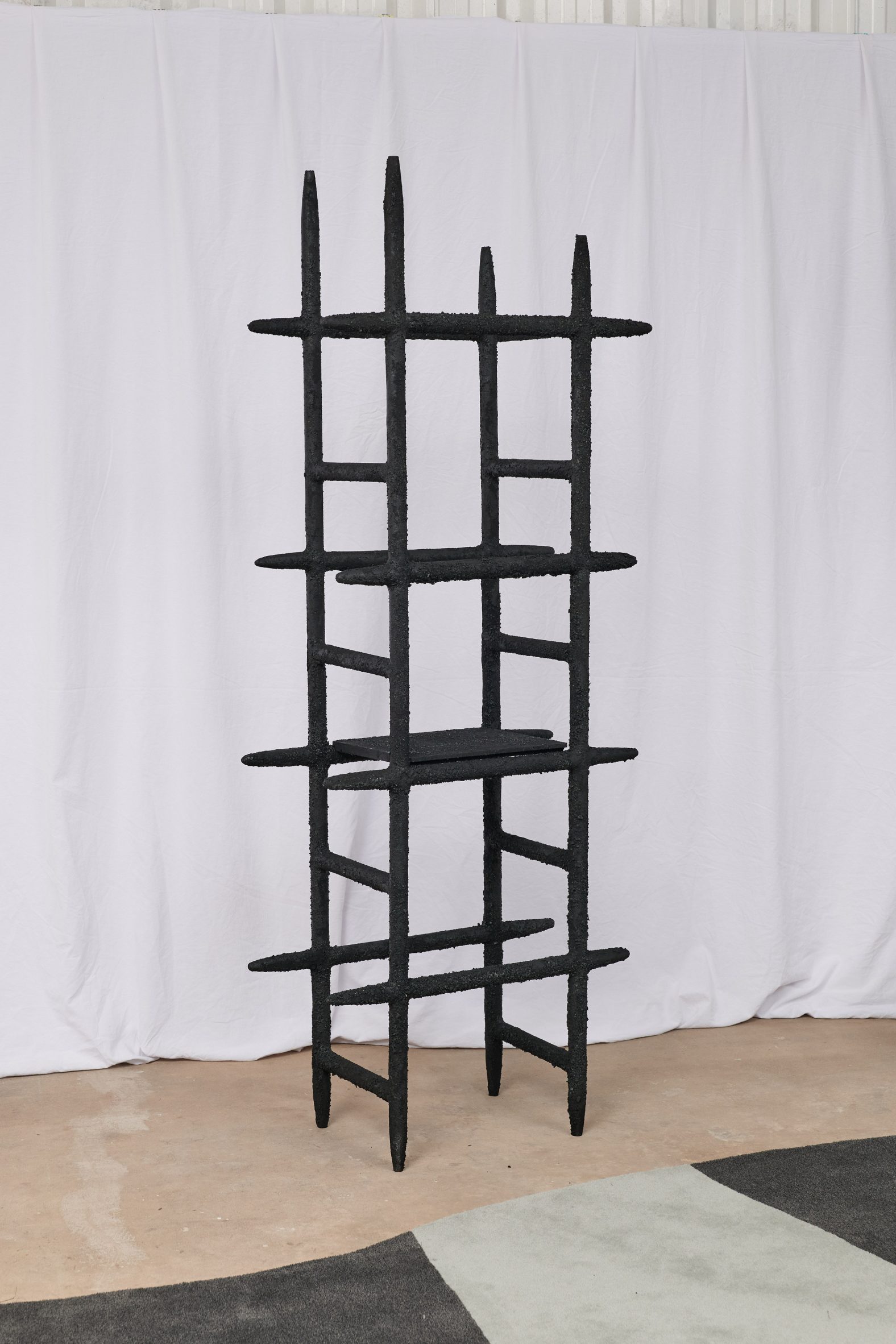 A black shelving system