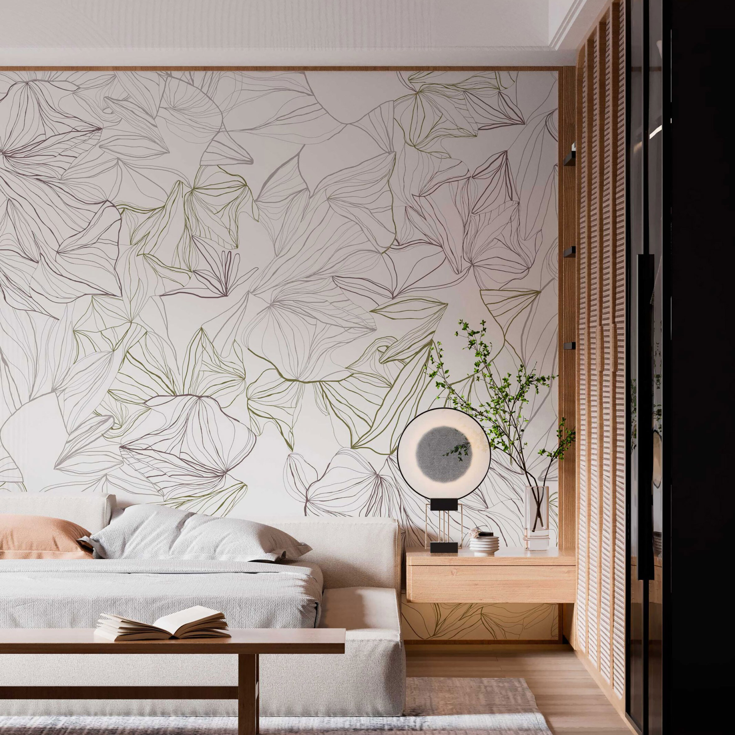 Bedroom with patterned wallpaper behind bed