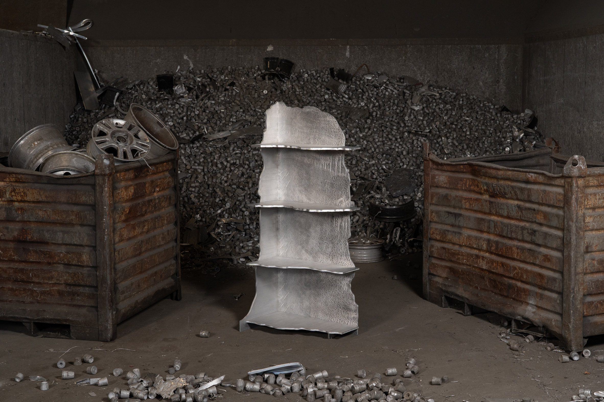 Metal shelf from One Side Sawn collection in a warehouse