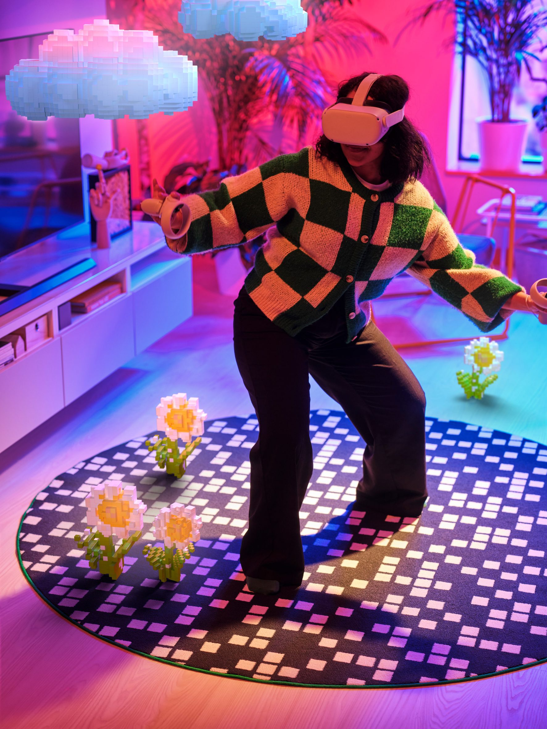 Girl using VR headset on a rug by IKEA