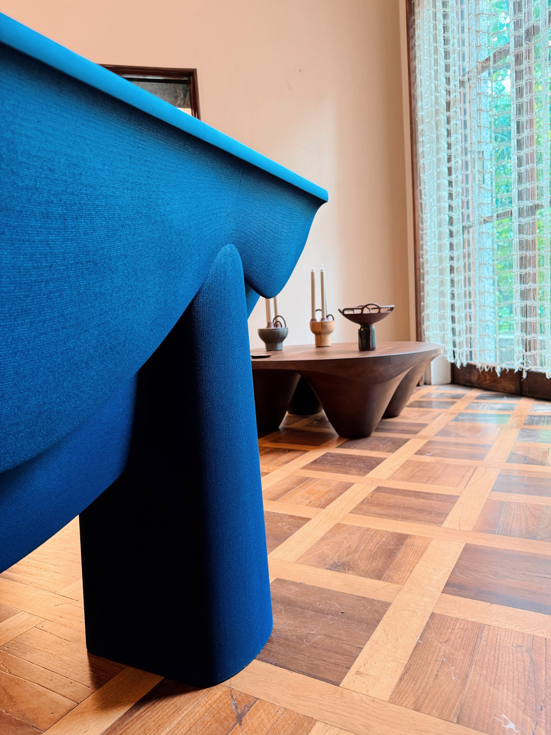 Close-up of blue table printed from sand