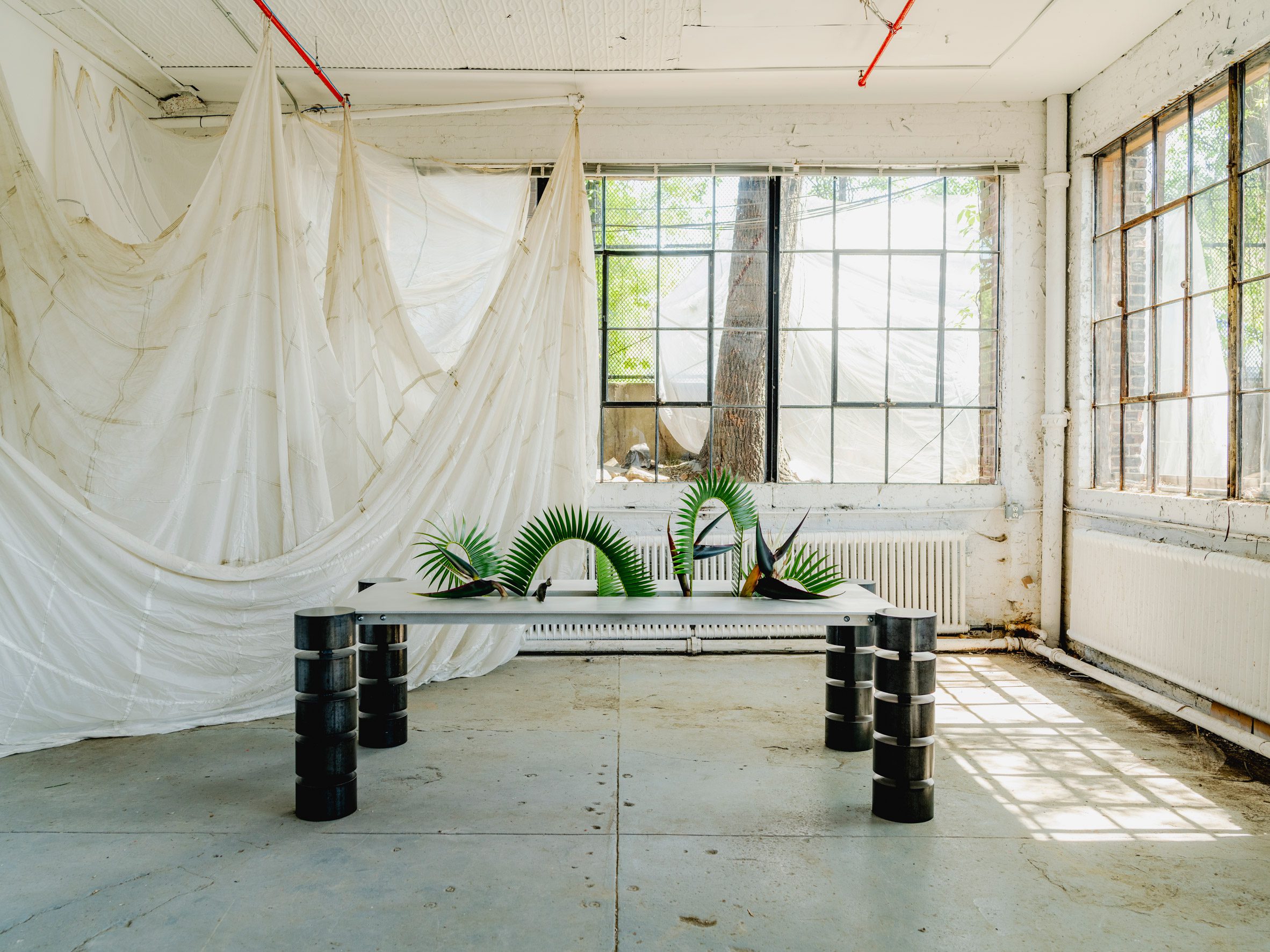 Long table with steel chairs