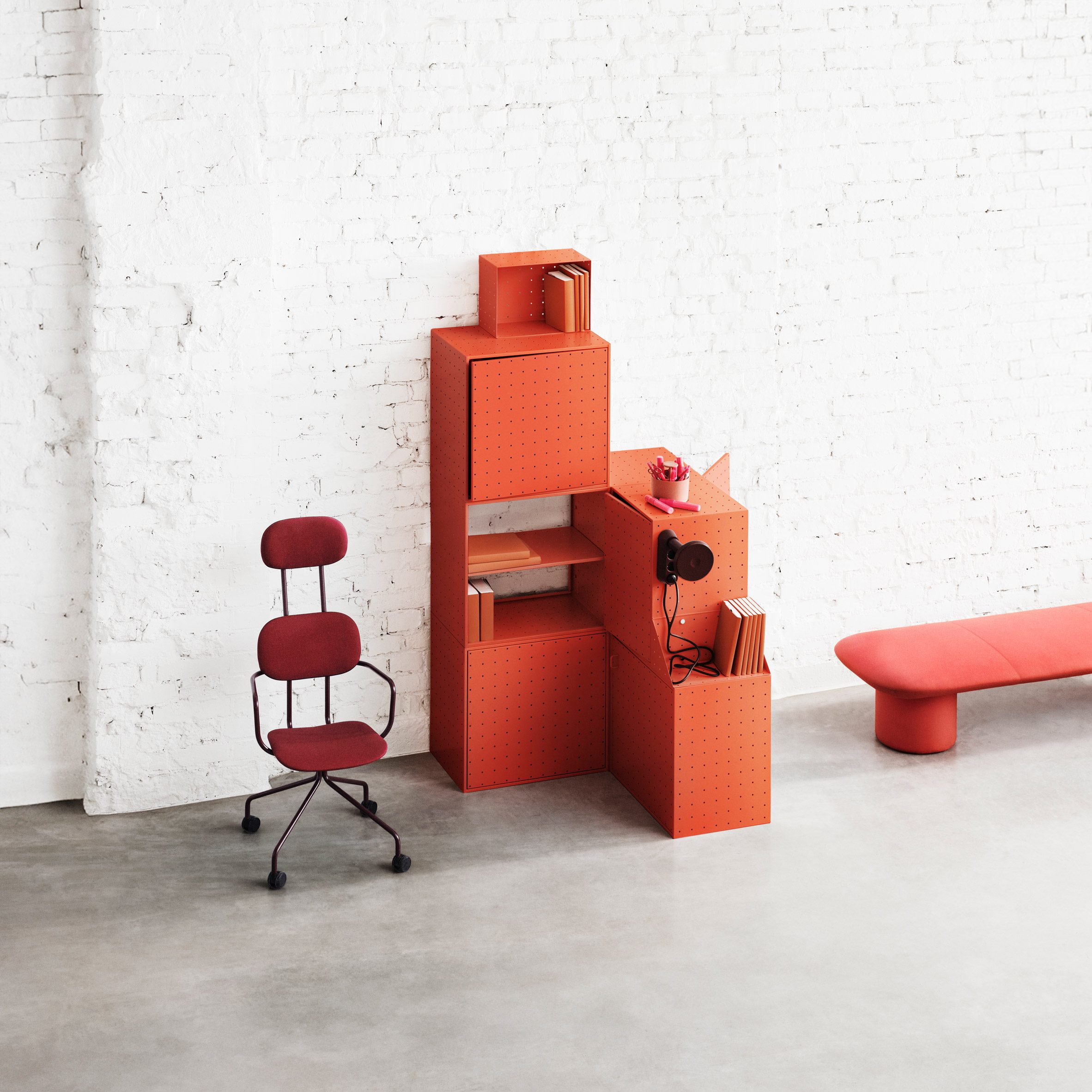 Center Center storage in red, designed by Form Us With Love and produced by String Furniture