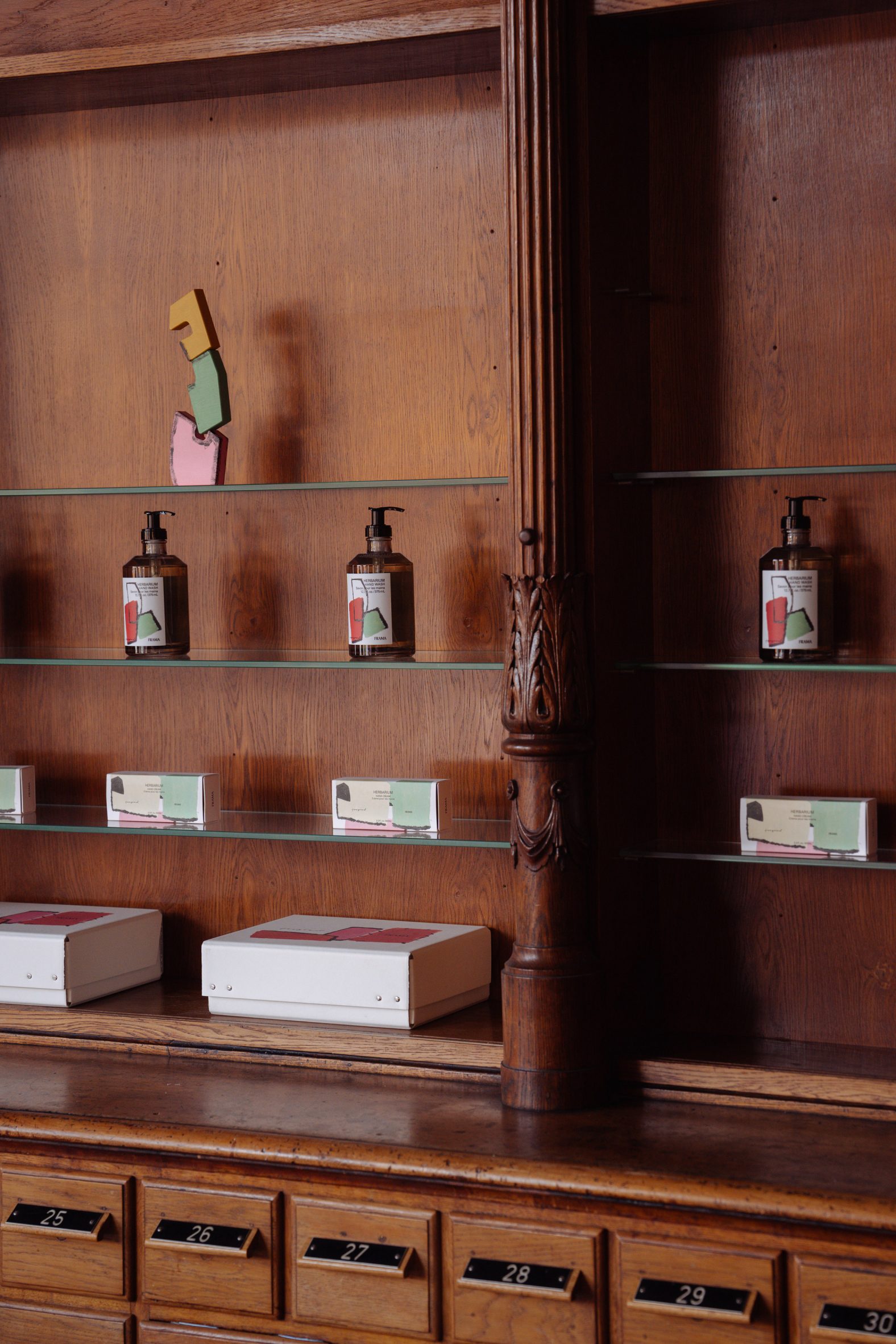 Glass shelves with skincare products