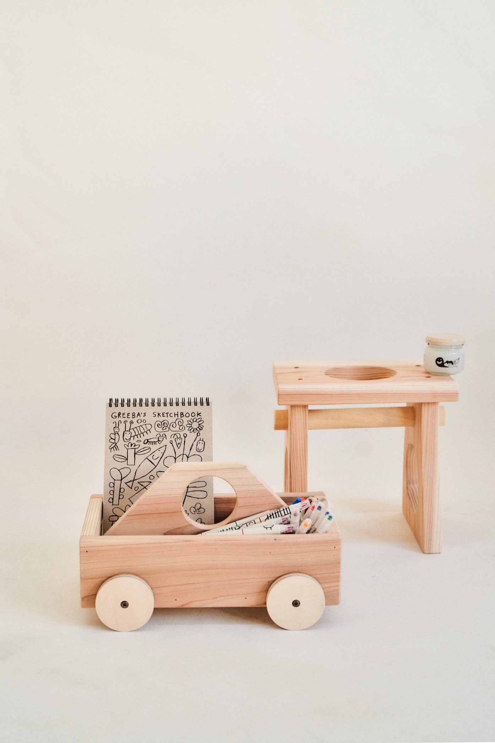 Wooden stool and toy car toolbox for children