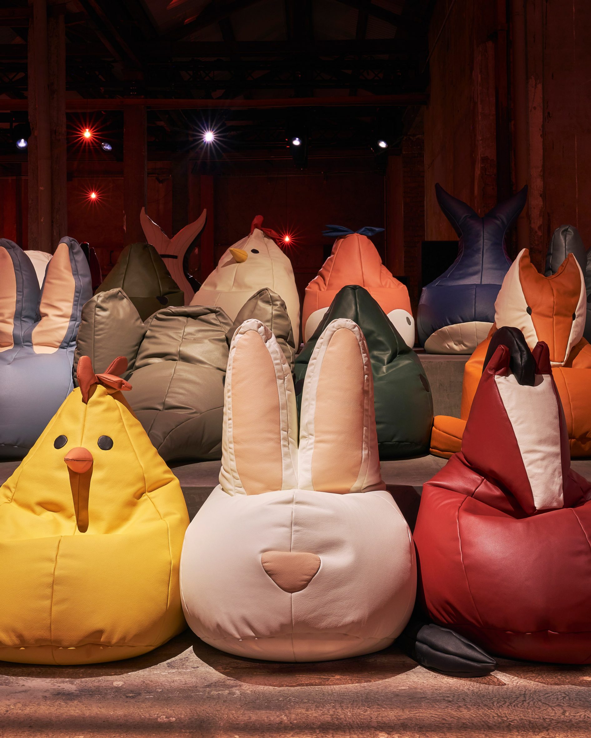 Animal-shaped beanbags lining a catwalk